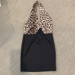 Leopard print and black with beaded detail halter too cocktail dress